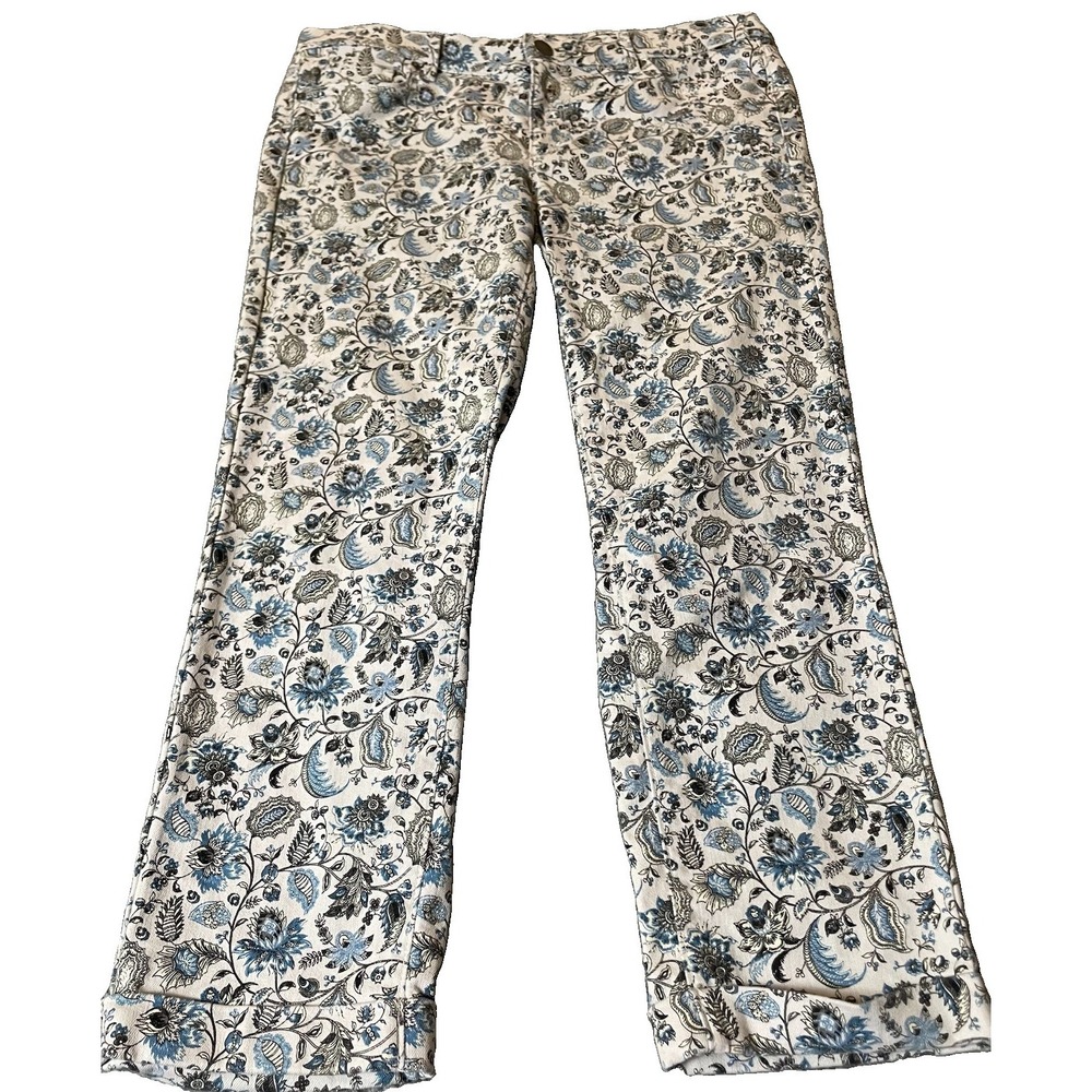 Y2K Ann Taylor Loft Floral Crop Pants Sz 10 Gray Blue Modern Cuffed Boho Country